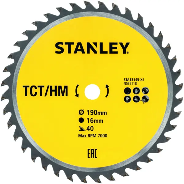 Stanley 40T Circular Saw TCT Blade 190x16mm