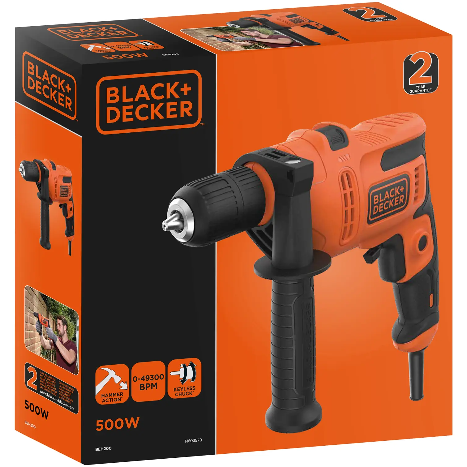 Black+Decker BEH200 13mm Variable Speed Keyless Chuck Hammer Action Drill