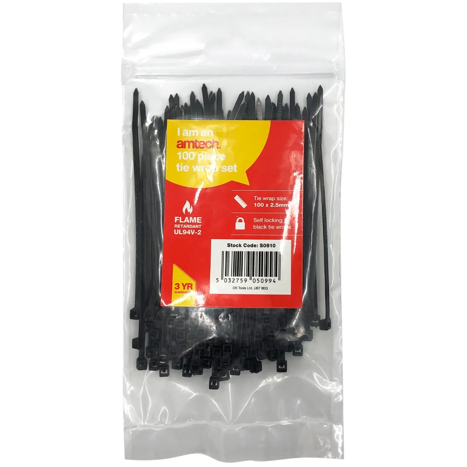Am-Tech 2.5 X100mm Cable Tie Black pk100