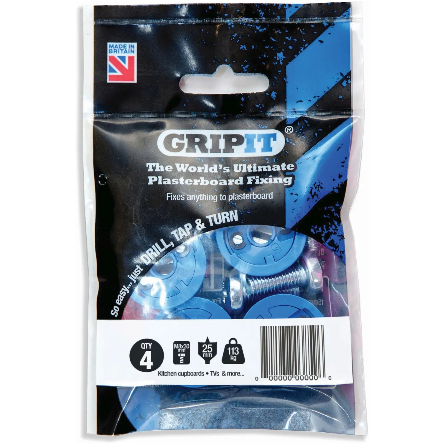 Gripit Plasterboard Fixing 25mm Max 113kg Pack of 4
