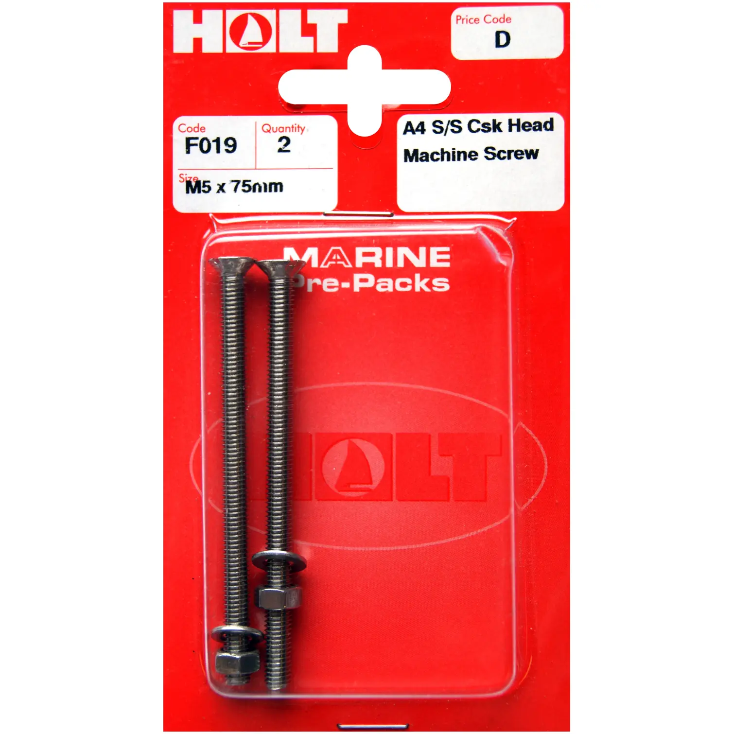 Holt S/Steel  CSK Head M/Screw M5 x 75mm Card of 2