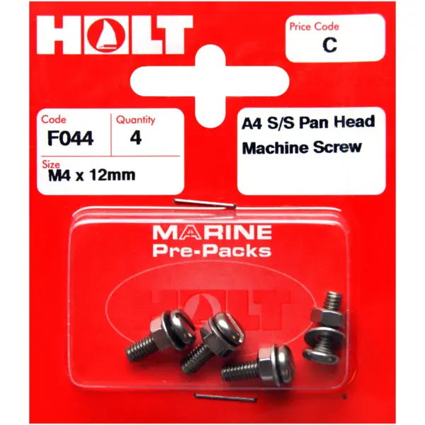 Holt S/Steel  Pan Head M/Screw M4 x 12mm Card of 4