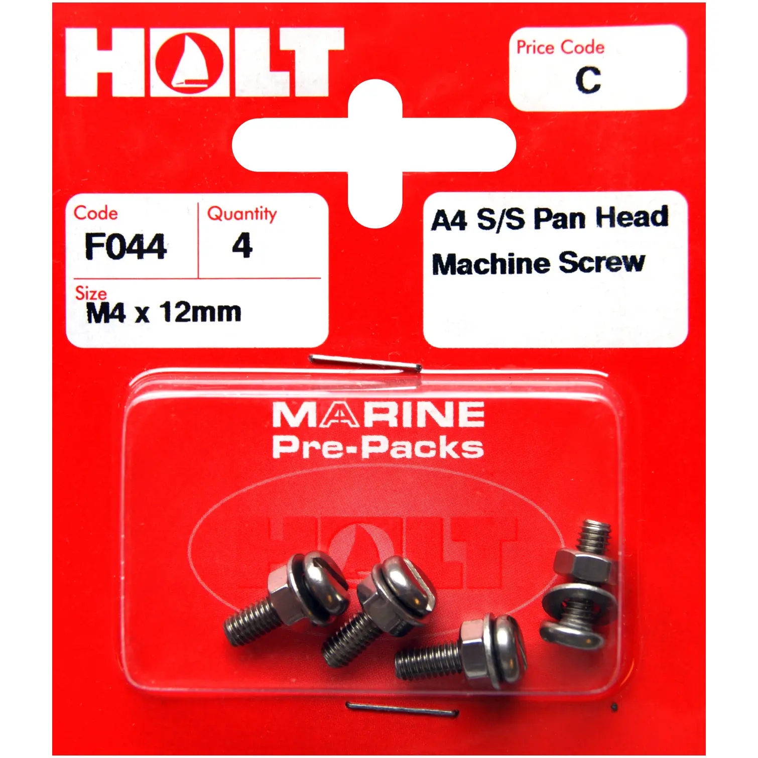 Holt S/Steel  Pan Head M/Screw M4 x 12mm Card of 4