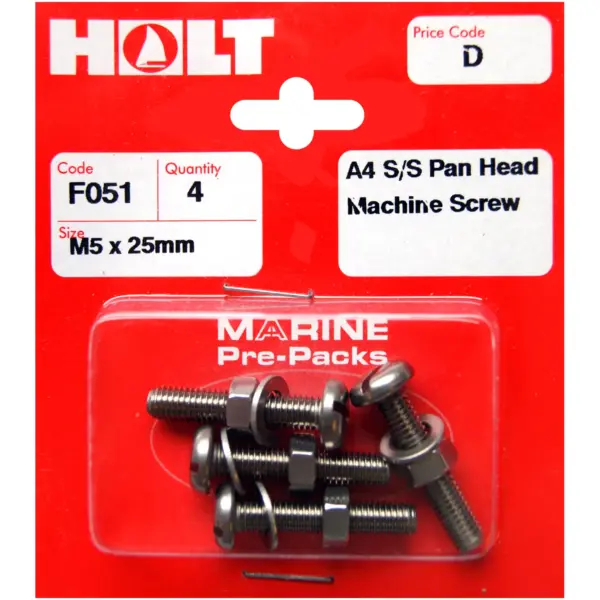 Holt S/Steel  Pan Head M/Screw M5 x 25mm Card of 4