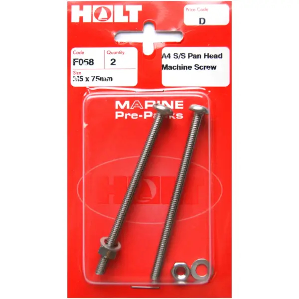 Holt S/Steel  Pan Head M/Screw M5 x 75mm Card of 2