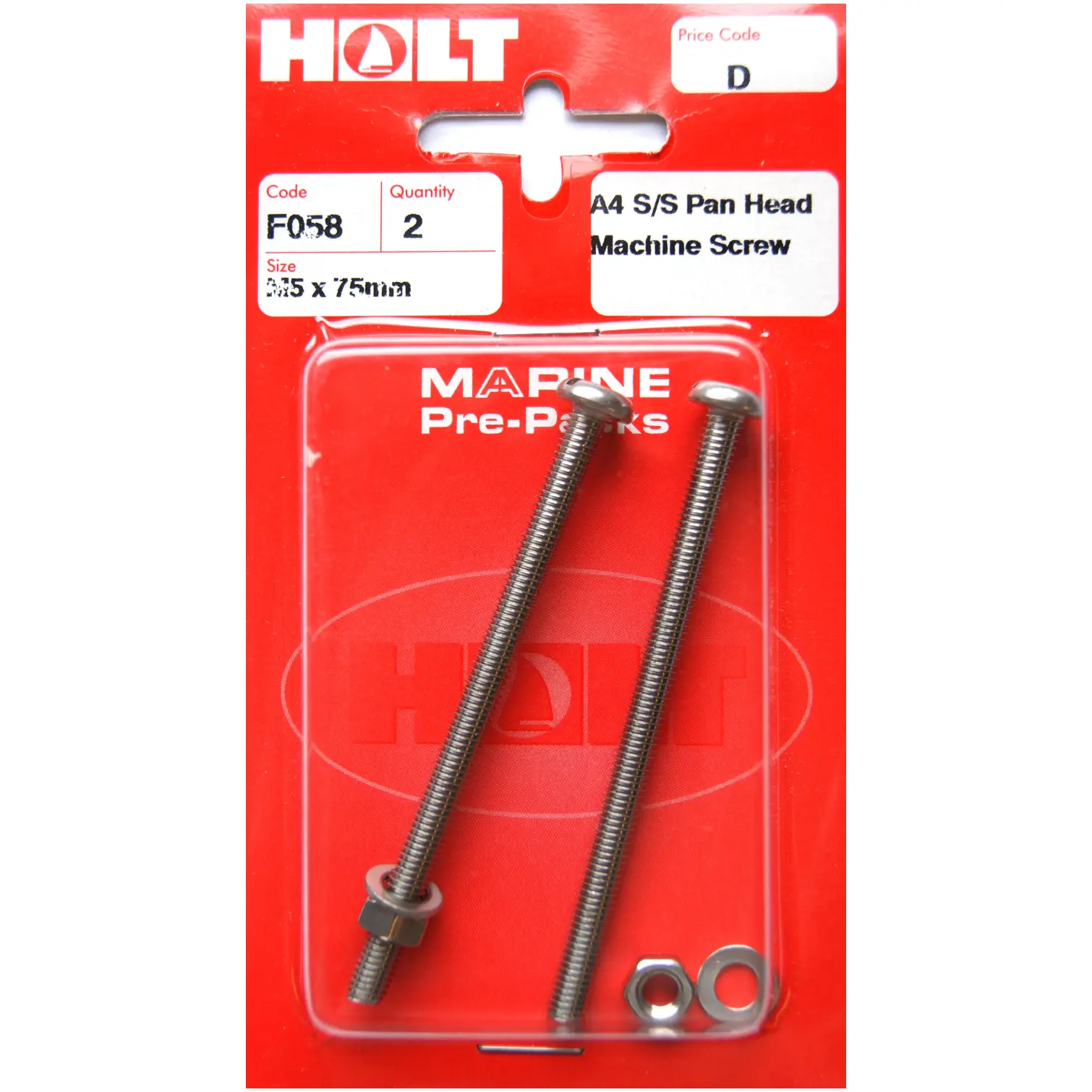 Holt S/Steel  Pan Head M/Screw M5 x 75mm Card of 2