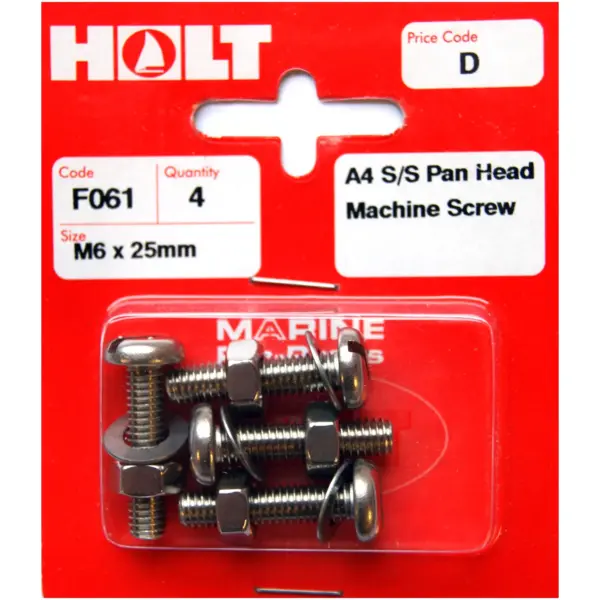 Holt S/Steel  Pan Head M/Screw M6 x 25mm Card of 4
