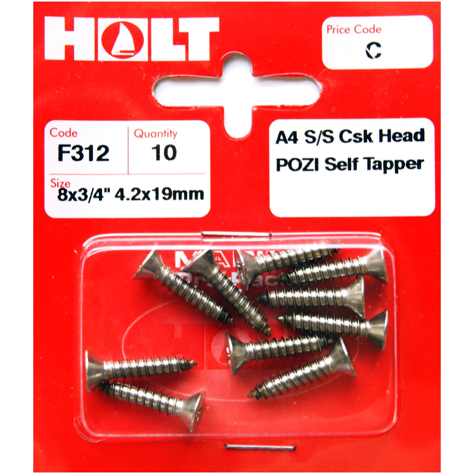 Holt S/Steel CSK Pozi Selftaper 4.2 x 19mm Card of 10