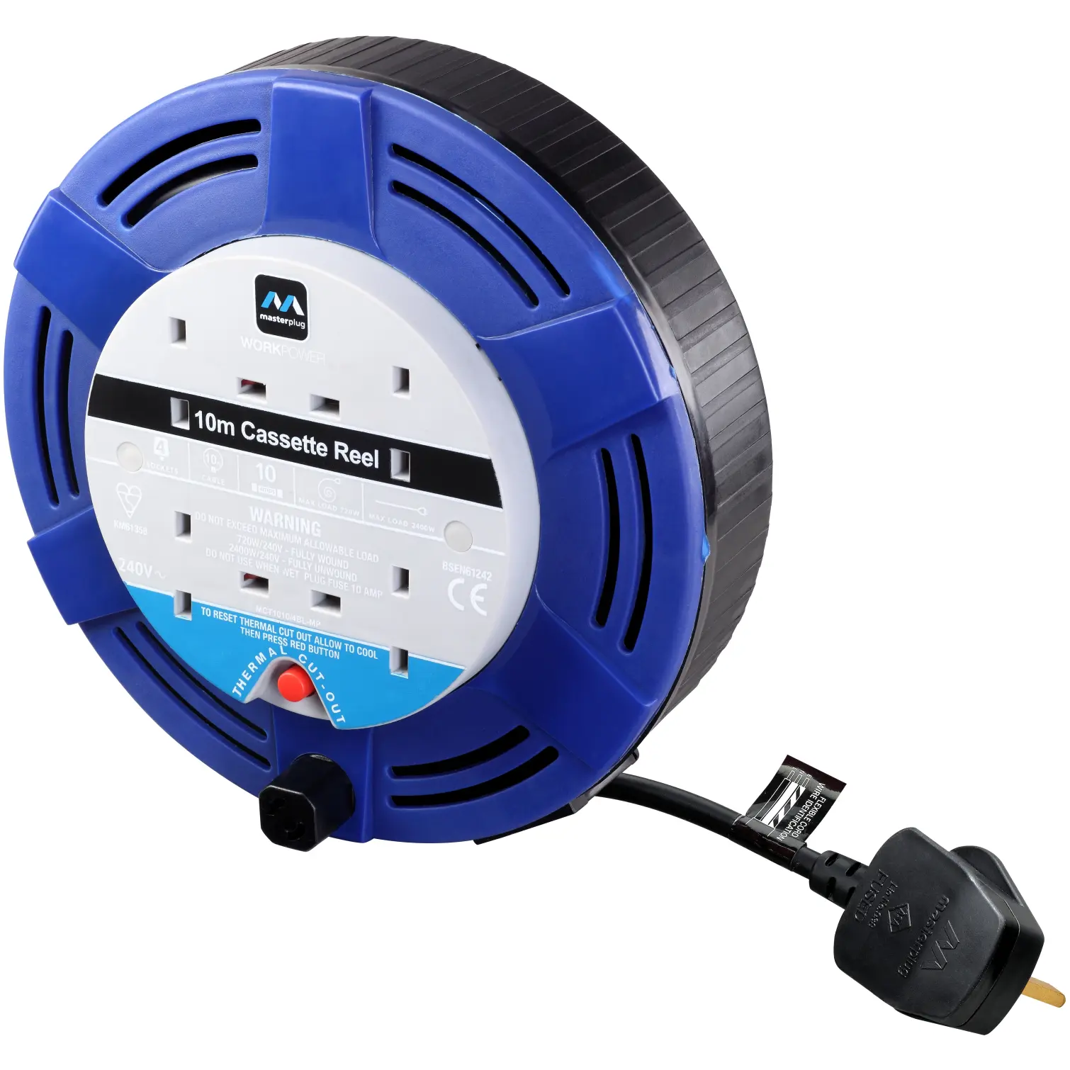 Masterplug Cable Reel With Thermal Cut Out 10meter 10amp 4 Socket