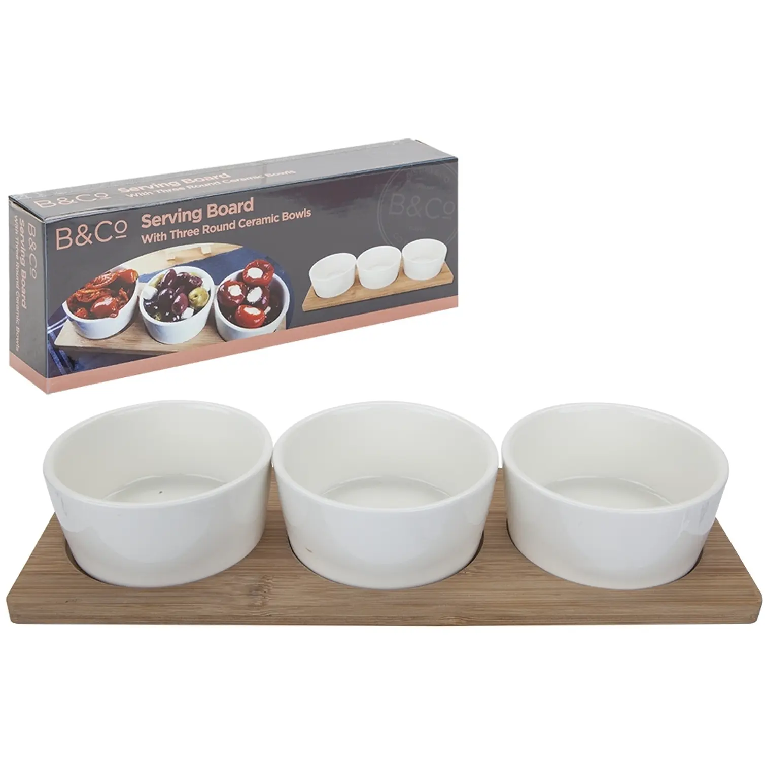 B&Co Serving Board with 3 Round Ceramic Bowls