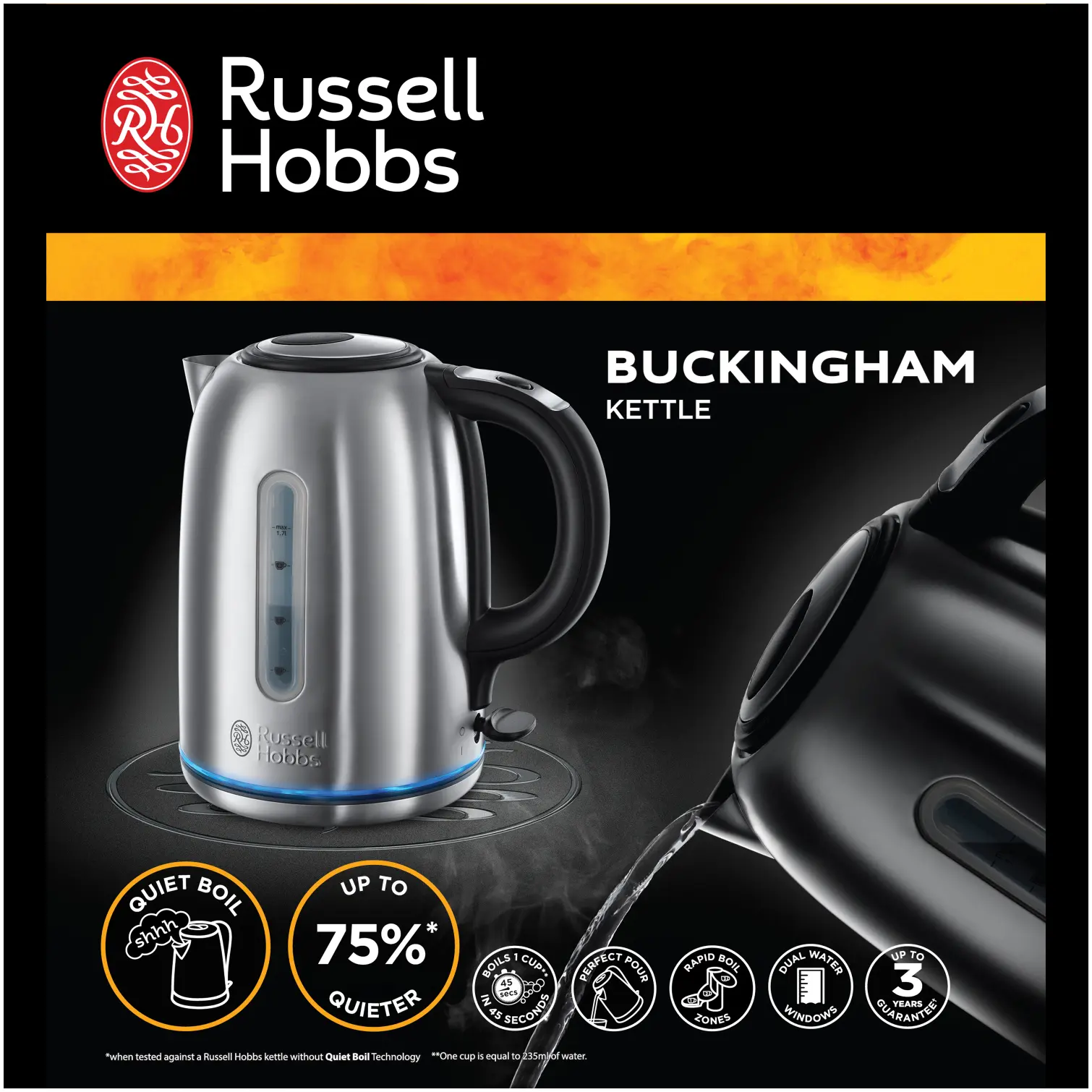 Russell Hobbs Quiet Boil Kettle Stainless Steel 1.7 Litre Capacity