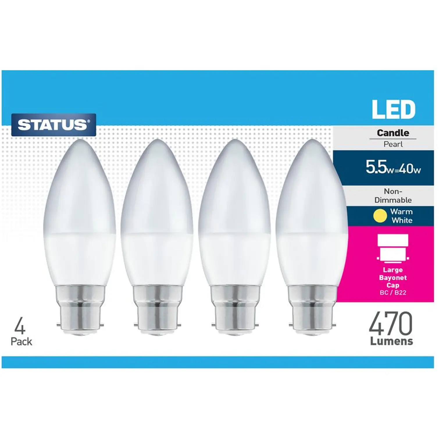 Candle LED BC Warm White Bulb 5w=40w Pack of 4