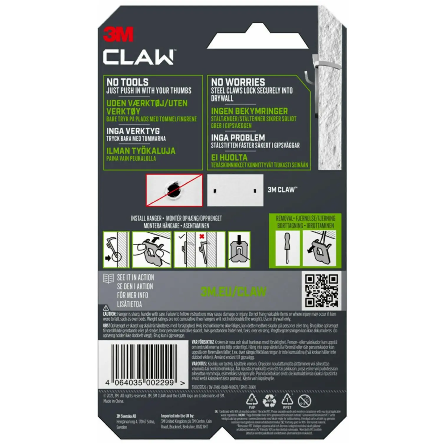 3M Claw Picture Hanger For Drywall Holds 11kg Card Of 2