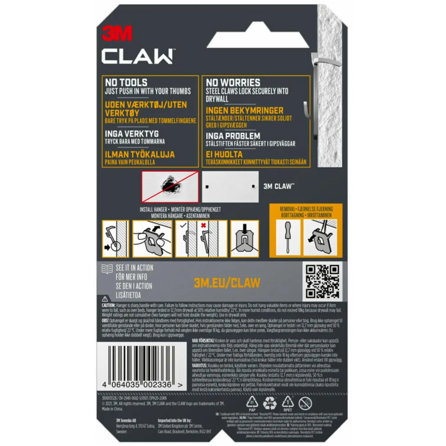 3M Claw Picture Hanger For Drywall Holds 20kg Card Of 2