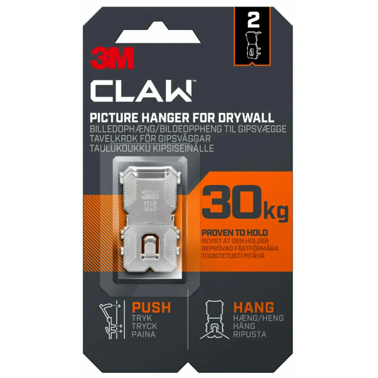 3M Claw Picture Hanger For Drywall Holds 30kg Card Of 2