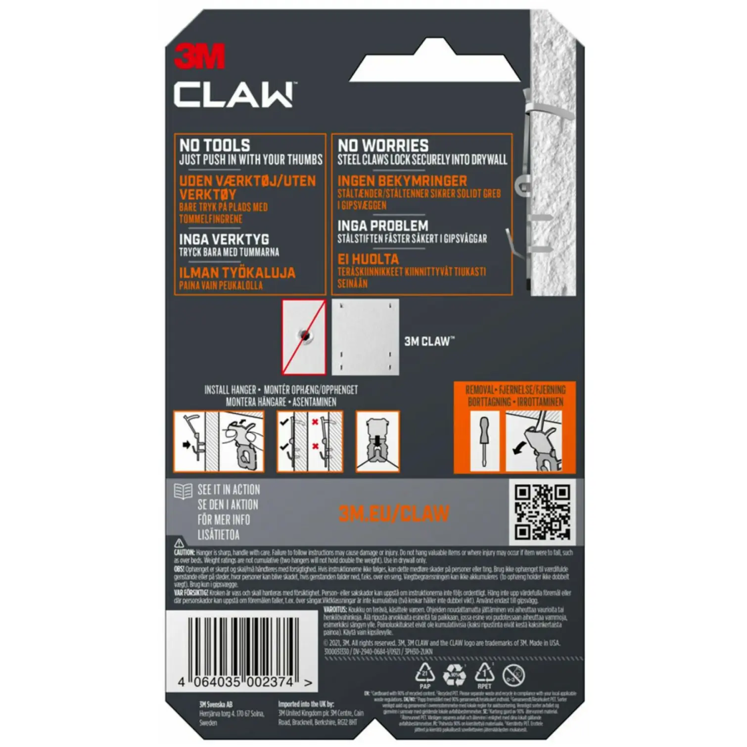 3M Claw Picture Hanger For Drywall Holds 30kg Card Of 2