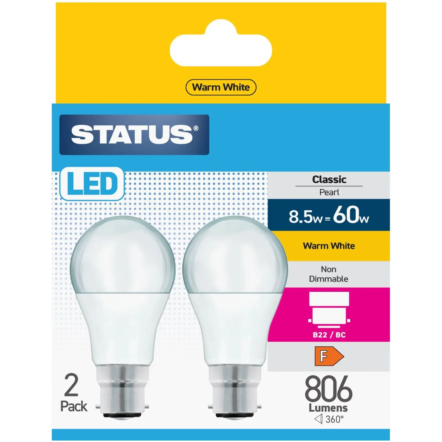 Status 8/60w GLS Warm White BC pk2
