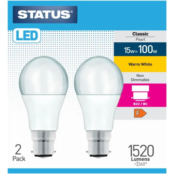 Status 15/100w GLS Warm White BC pk2