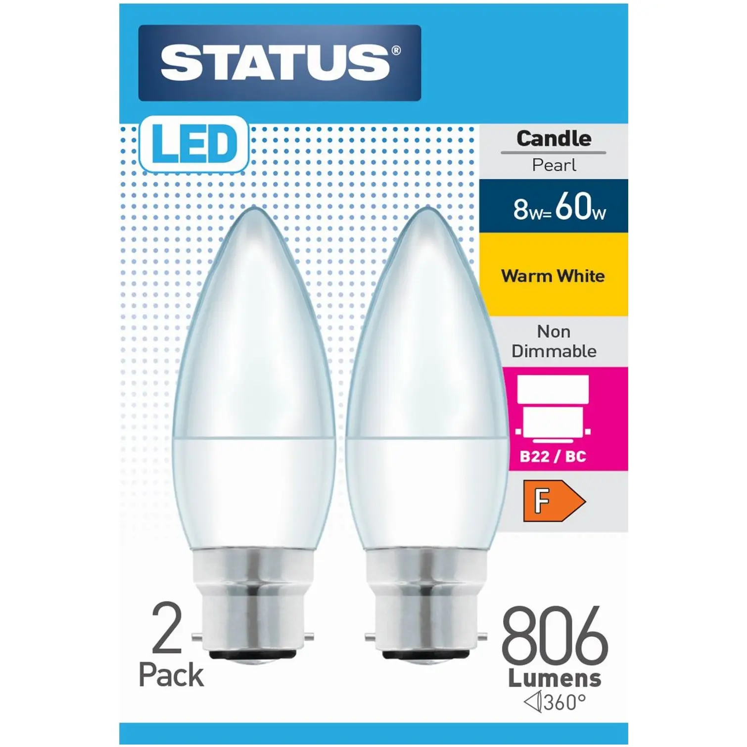 Status 8/60w Candle W/White BC pk2