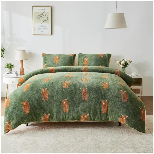 Teddy Printed Highland Cow Double Duvet Set Green/Natural
