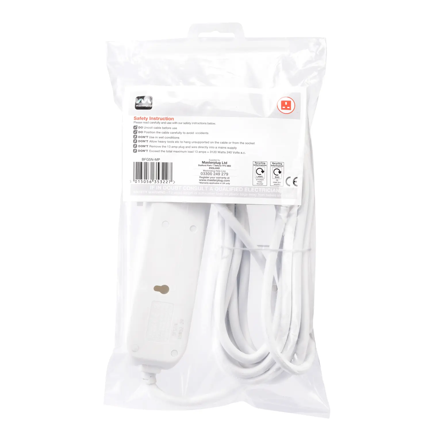 Masterplug Trailing Socket 4 Gang 13Amp 5m