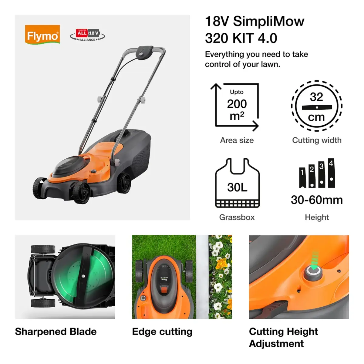 Flymo SimpliMo 320 32cm Cut 18 Volt 4 Ah