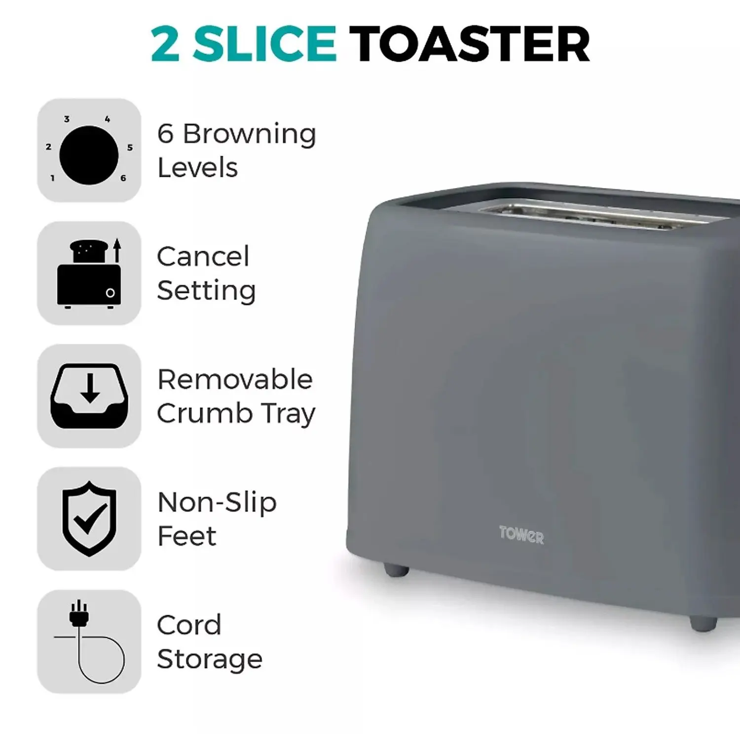 RKW0134_1 Tower Presto 2 Slice Toaster Grey