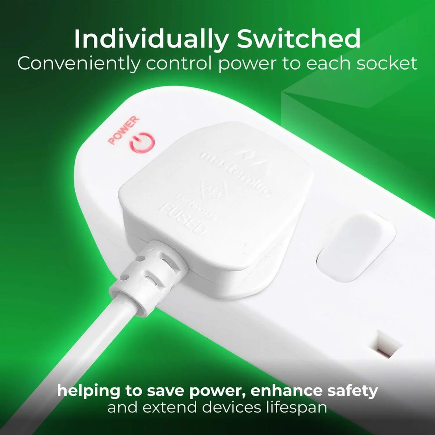 Masterplug Individually Switched 4 Gang 13amp 2 Metre Trailing Socket