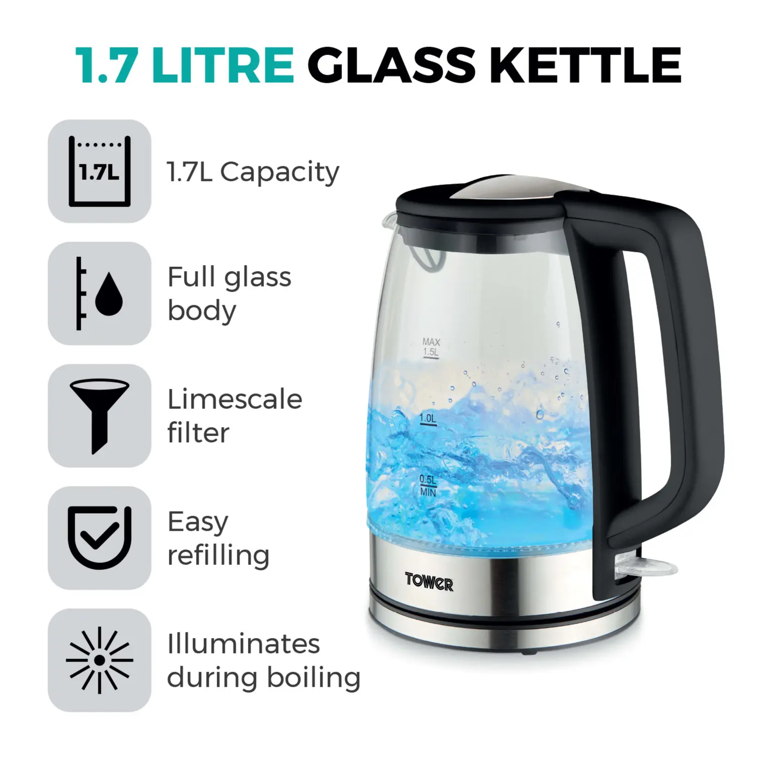 Tower PT10090BLK Illuminated Glass Kettle Black