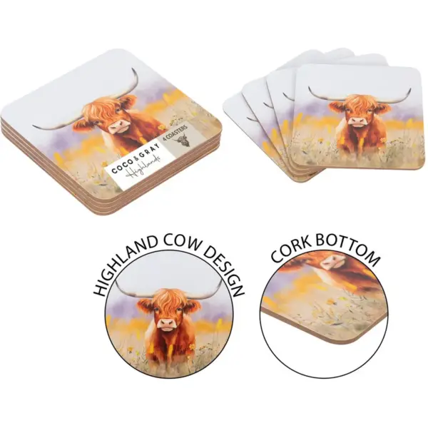 Coco & Gray Highland Cow Coasters 4Pk