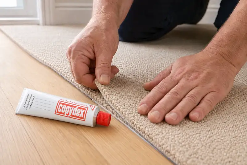 Copydex adhesive used to repair a lifted carpet edge seam UK
