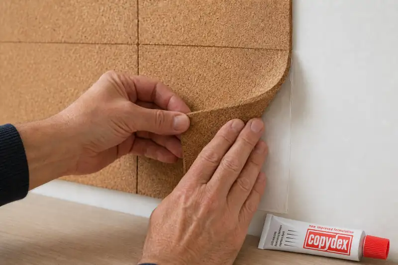 Copydex adhesive fixing a lifted cork tile edge UK
