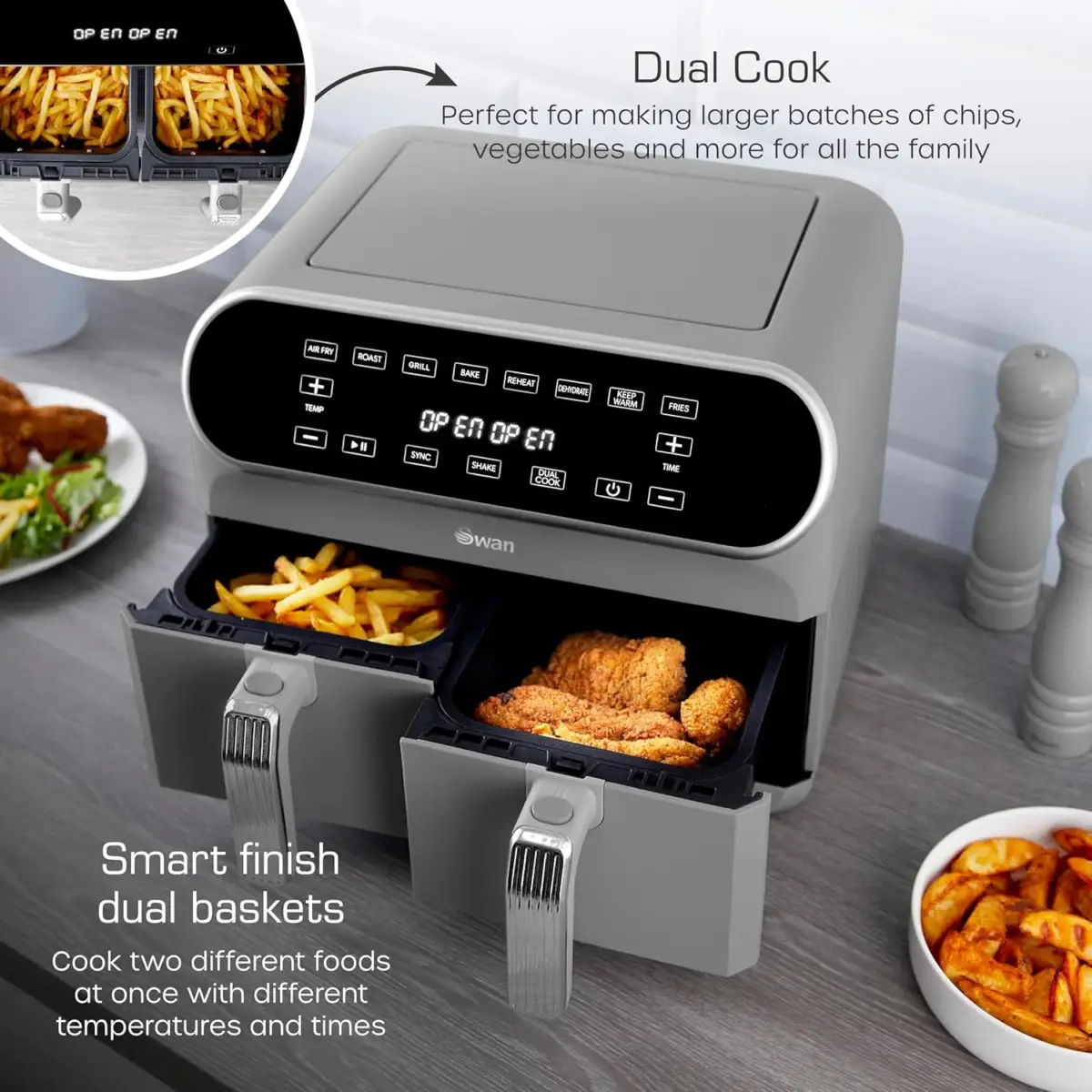Swan Retro Dual Basket 8 litre Air Fryer Grey