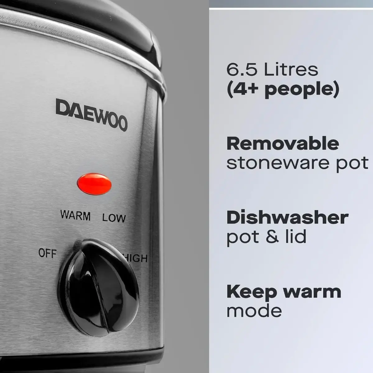 Daewoo SDA2943GE Slow Cooker 6.5 Litre Capacity Chrome