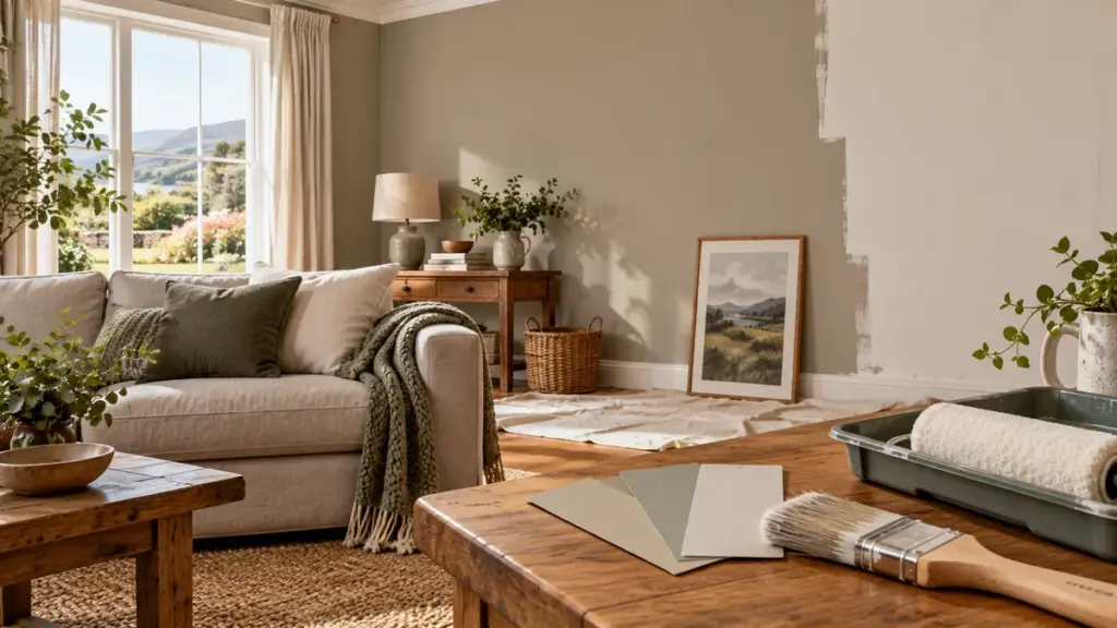 Living room wall half painted in soft stone with paint colour swatch cards, a paintbrush and a roller tray on a wooden table