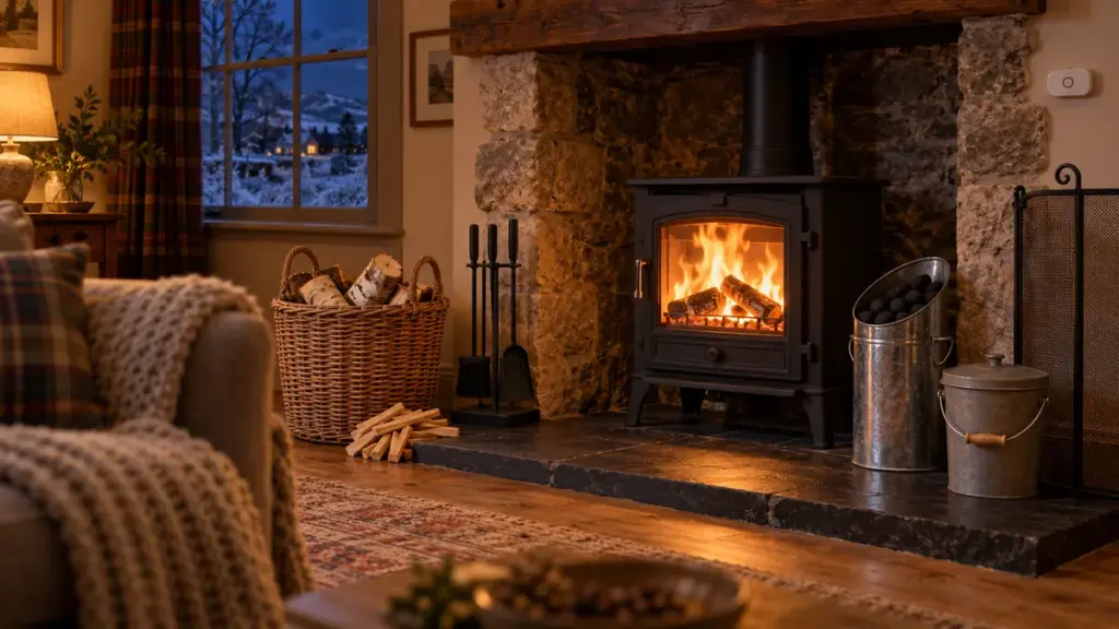 Lit multi-fuel stove in a stone fireplace with a fire guard, companion set, log basket of birch logs, kindling, coal hod of smokeless fuel, ash bucket and carbon monoxide alarm