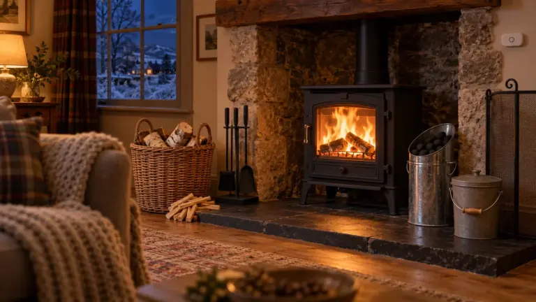Lit multi-fuel stove in a stone fireplace with a fire guard, companion set, log basket of birch logs, kindling, coal hod of smokeless fuel, ash bucket and carbon monoxide alarm