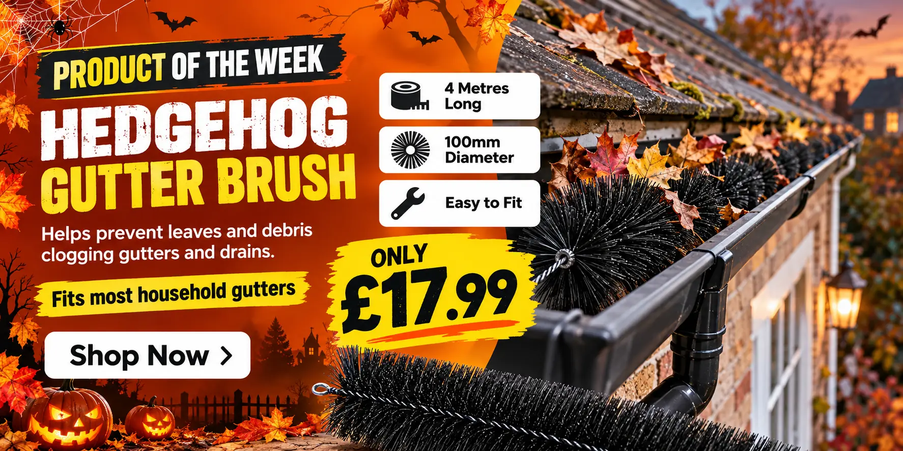 Hedgehog Gutter Brush 100mm diameter, 4 metres long, only £17.99. Product of the Week, helps prevent leaves and debris clogging gutters