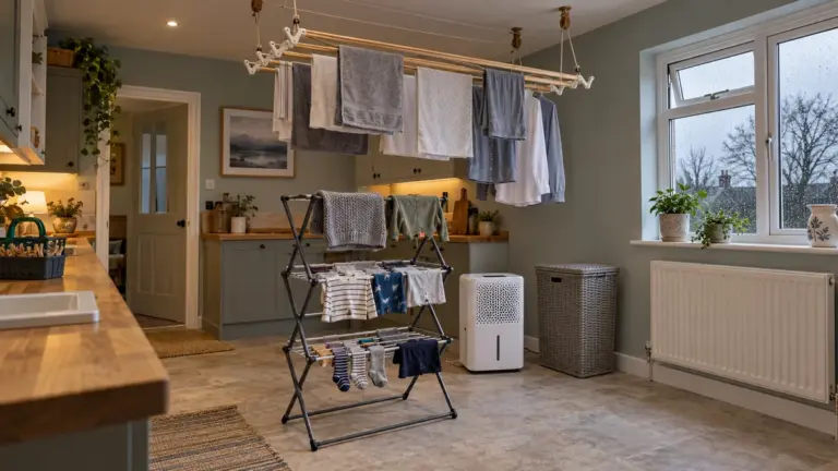 Washing drying indoors on a ceiling pulley airer and a three tier clothes airer in a utility room, with a dehumidifier running and the radiator left clear