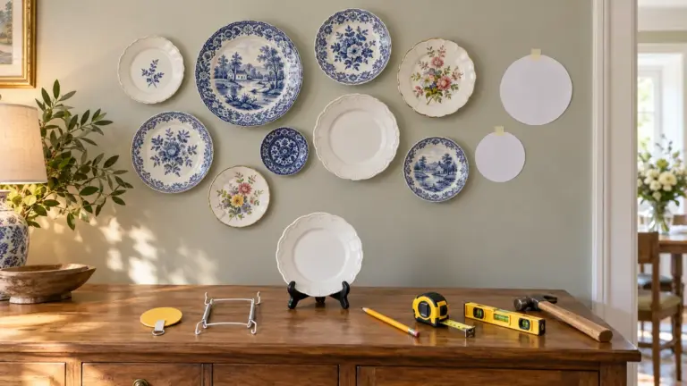 Decorative blue and white plates hung in a cluster on a wall with paper templates for the next plates, and a disc plate hanger, wire plate hanger, plate stand, tape measure, spirit level and hammer on a sideboard