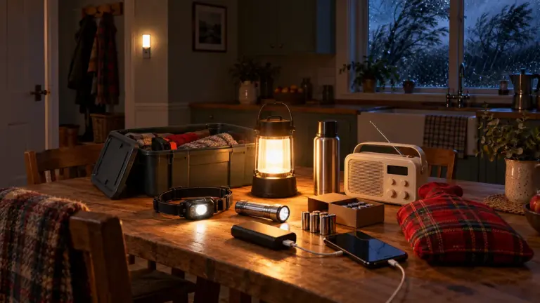 Power cut kit on a kitchen table at night with a lantern, head torch, torch, batteries, power bank, flask, radio and hot water bottle