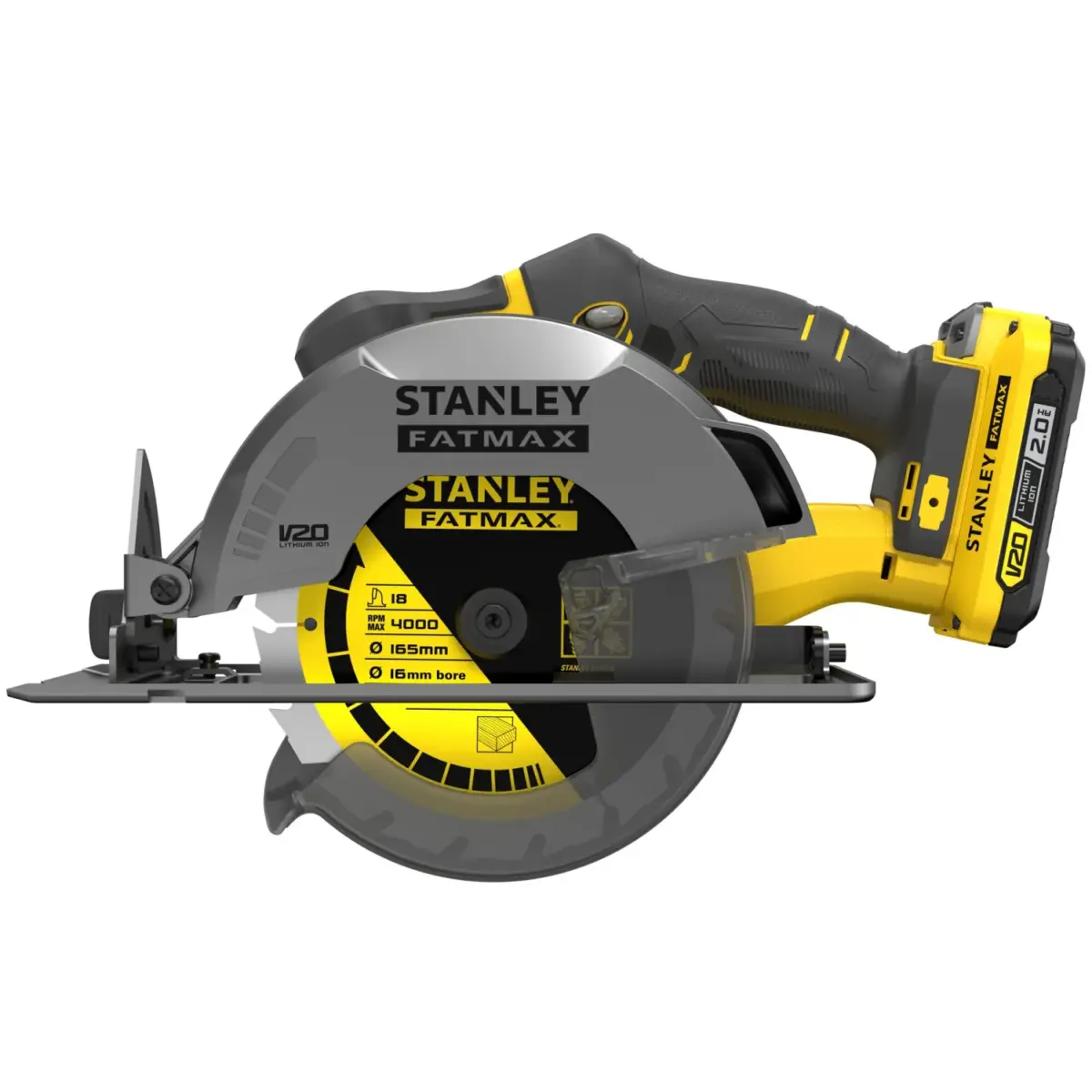 Stanley Fatmax V20 circular saw, blade side view