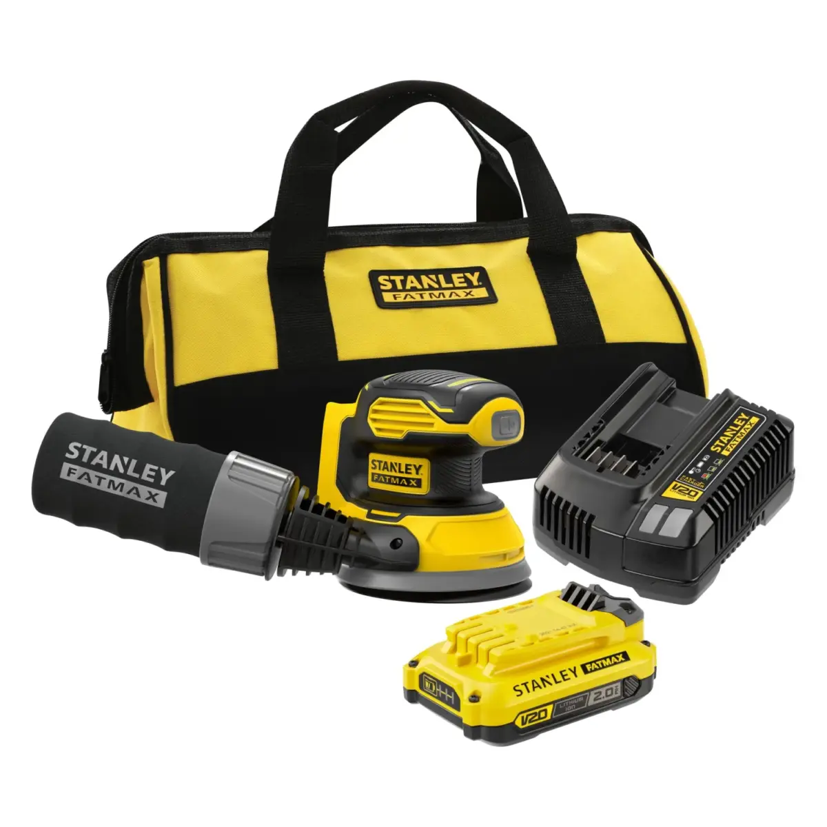 Stanley Fatmax random orbit sander kit with 2.0Ah battery, charger and soft bag