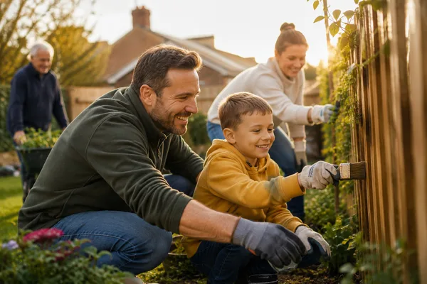 Family doing DIY and garden work together