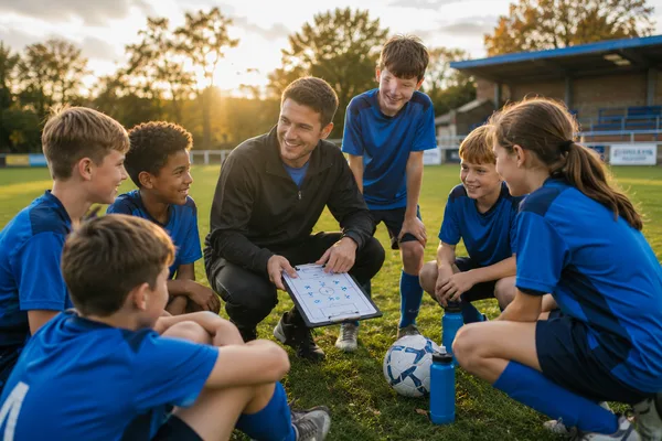 Youth football team gathered with their coach